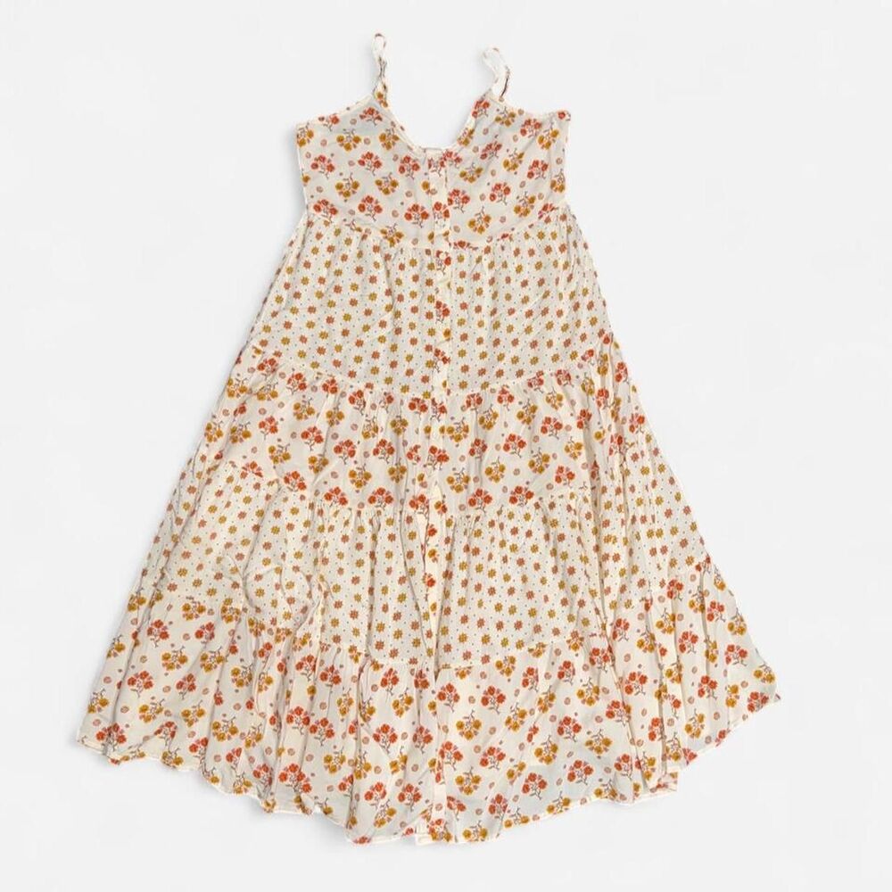 Cream Cottage Prairie Maxi Dress with Orange Florals and Spaghetti Straps